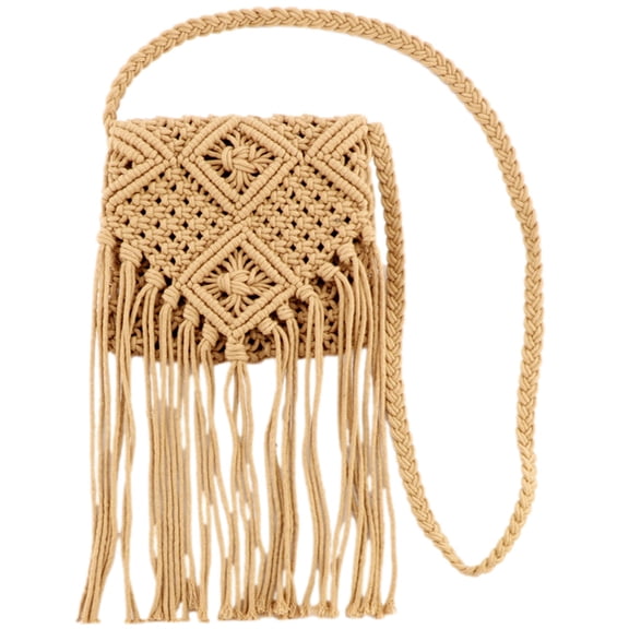 PacificPlex Womens Macrame Crochet Fringe Crossbody Bag Purse Boho, Beige