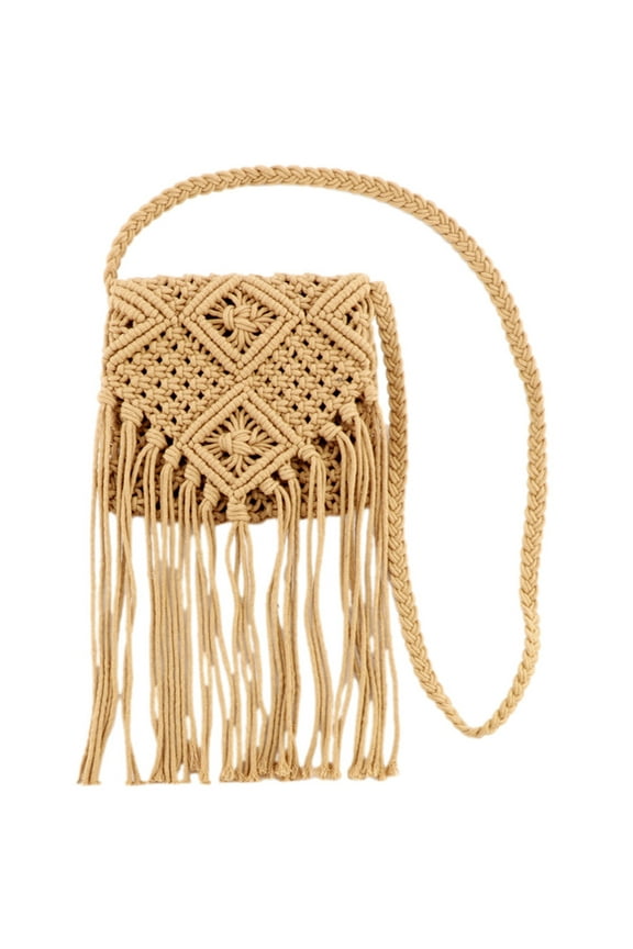 Womens Macrame Crochet Fringe Crossbody Bag Purse Boho, Beige