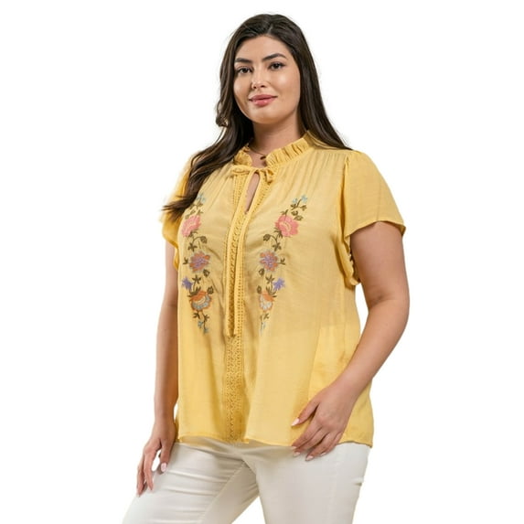 PacificPlex Womens Mexican Embroidered Top Floral Cotton Boho Tie Neck Peasant Blouse Shirt