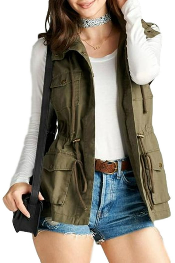 Womens Sleeveless Anorak Cargo Utility Vest, Small, Olive
