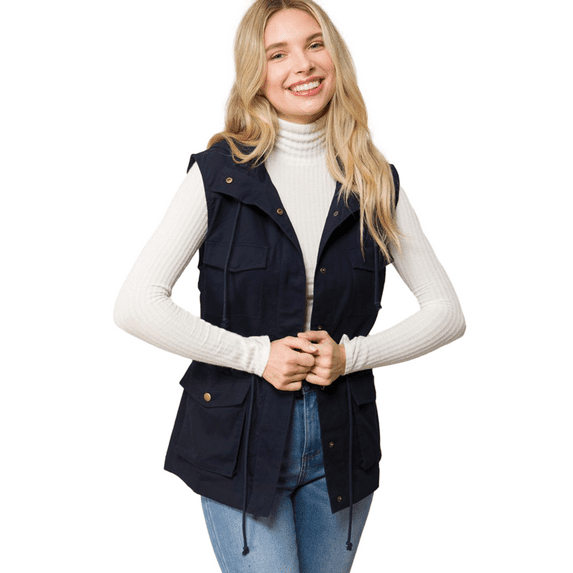PacificPlex Womens Sleeveless Hooded Anorak Cargo Utility Vest, Small, Navy