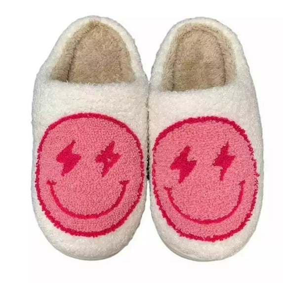 PacificPlex Womens Smiley Fuzzy Preppy Smile Slippers Retro Cozy Comfy Plush Warm Slip-on Happy Face Slippers Winter Casual Indoor Soft Fluffy House Shoes (5-6, Pink Lightning-Bolt)