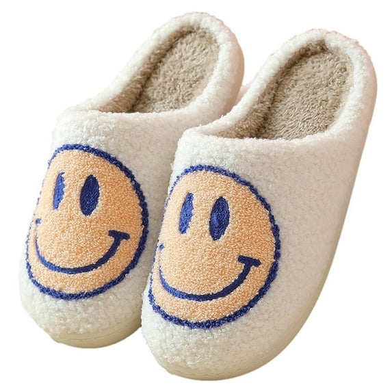 PacificPlex Womens Smiley Fuzzy Preppy Smile Slippers Retro Cozy Comfy Plush Warm Slip-on Happy Face Slippers Winter Casual Indoor Soft Fluffy House Shoes (5-6, Yellowish), 5-6, Yellowish