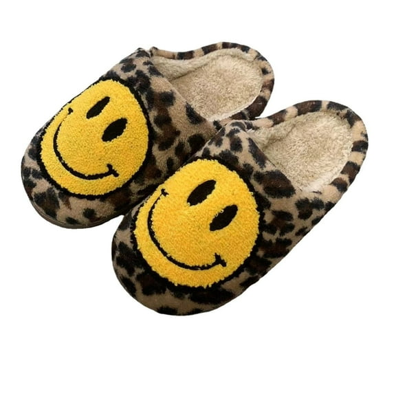 PacificPlex Womens Smiley Fuzzy Preppy Smile Slippers Retro Cozy Comfy Plush Warm Slip-on Happy Face Slippers Winter Casual Indoor Soft Fluffy House Shoes (7-7.5, Leopard), 7-7.5, Leopard