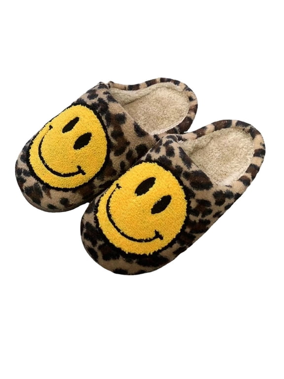 Slippers Womens Smiley Happy Face, 5-6, Leopard