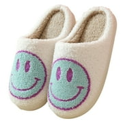 PacificPlex Womens Smiley Fuzzy Preppy Smile Slippers Retro Cozy Comfy Plush Warm Slip-on Happy Face Slippers Winter Casual Indoor Soft Fluffy House Shoes (7-7.5, Cyan), 7-7.5, Cyan