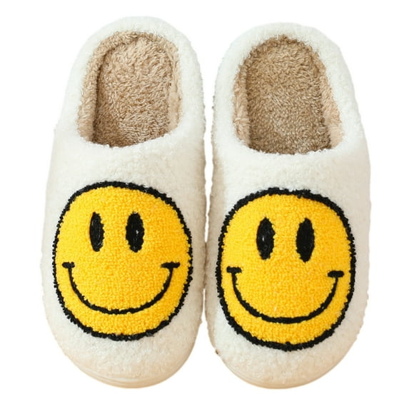 PacificPlex Womens Smiley Preppy Smile Slippers Retro Cozy Plush (5-6, White)