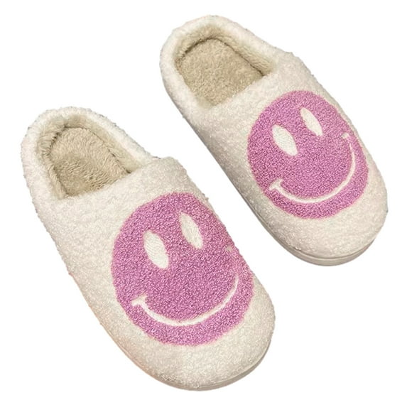 PacificPlex Womens Smiley Preppy Smile Slippers Retro Cozy Plush (9-10.5, Purple)