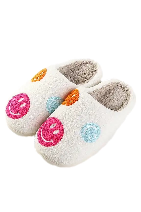 Womens Smiley Preppy Smile Slippers Retro Plush (5-6, Pink Multi Smile)
