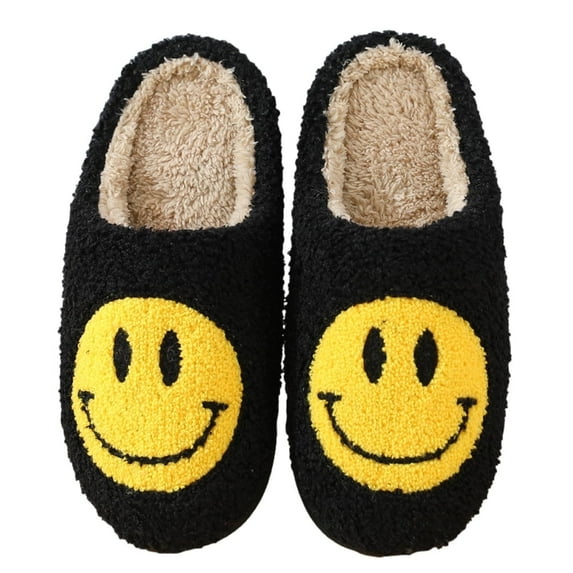 PacificPlex Womens Smiley Smile Slippers Plush Happy Face (5-6, Black)