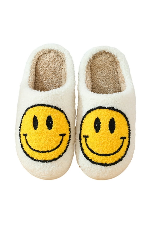Womens Slippers Plush Happy Face (5-6, White)