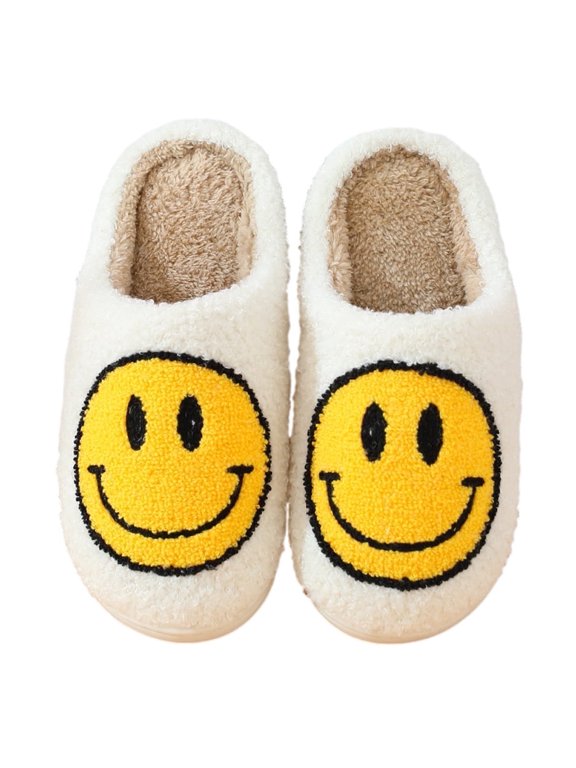 Womens Smiley Smile Slippers Plush Happy Face (9-10.5, White)