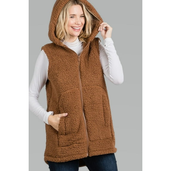 PacificPlex Womens Solid Soft and Cozy Sherpa Zip Front Hoodie Vest Faux Shearling with Pockets (2X, Dark-Camel)