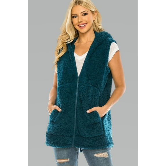 PacificPlex Womens Solid Soft and Cozy Sherpa Zip Front Hoodie Vest Faux Shearling with Pockets (XL, Teal)