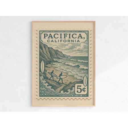 Pacifica California Surf Poster: Vintage Style Coastal Art Print Physical Wall Art , Poster Print Only