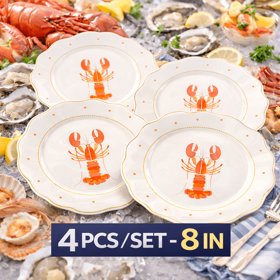 Pacifica Home 4pcs Coastal 8 Inch 10.5 Inch Scalloped Salad Plates, Dinner Plates, Appetizer Plates for Salad, Fruit - Dishwasher Safe, Set of 4