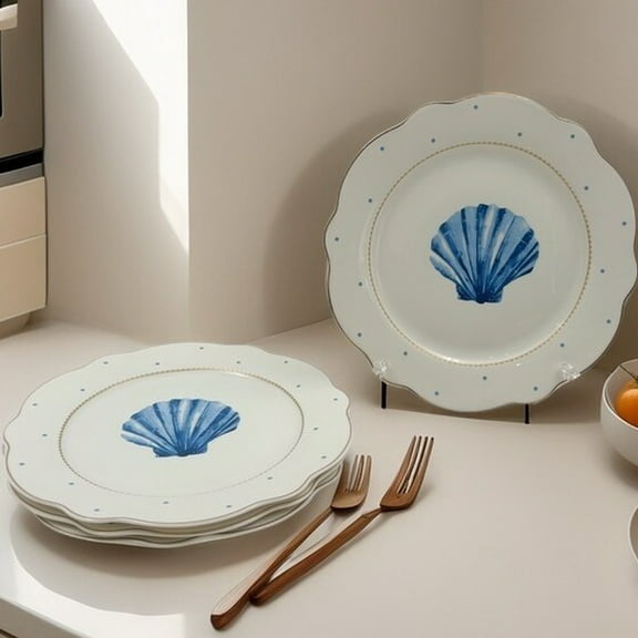 Pacifica Home 4pcs Coastal 8 Inch 10.5 Inch Scalloped Salad Plates, Dinner Plates, Appetizer Plates for Salad, Fruit - Dishwasher Safe, Set of 4