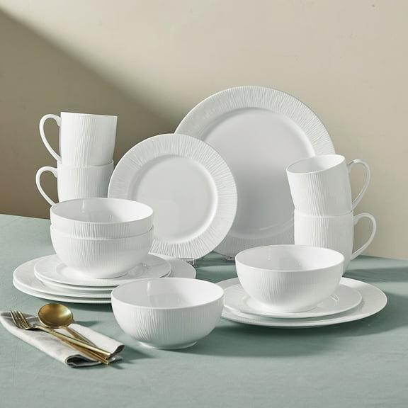 Pacifica Home Bone China Modern White Porcelain Dinnerware Set, Service for 4, Chip & Scratch Resistant, Dishwasher & Microwave Safe