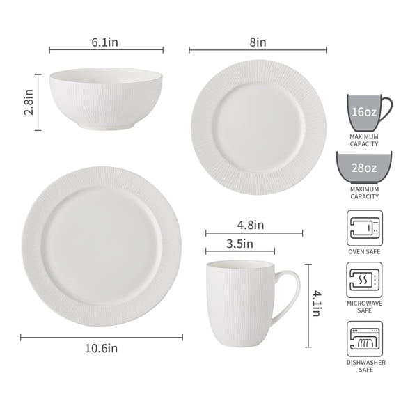 Pacifica Home Bone China Modern White Porcelain Dinnerware Set, Service for 4, Chip & Scratch Resistant, Dishwasher & Microwave Safe
