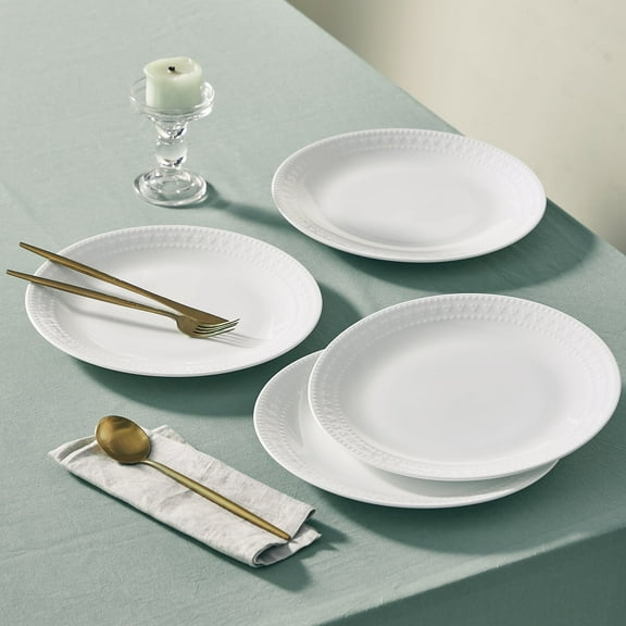Pacifica Home Lily Bone China Modern White Porcelain Dinnerware Set, Service for 4, Chip & Scratch Resistant, Dishwasher & Microwave Safe