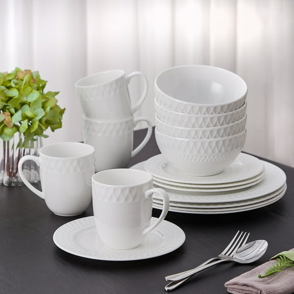Pacifica Home Mila Bone China Modern White Porcelain Dinnerware Set, Service for 4, Chip & Scratch Resistant, Dishwasher & Microwave Safe