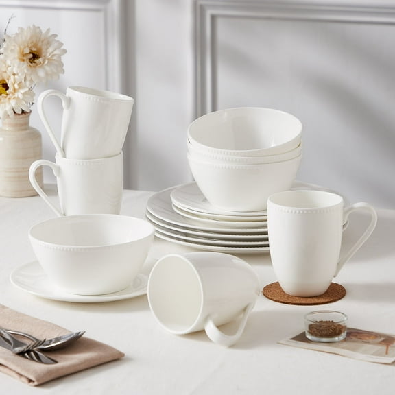 Pacifica Home Pearl Beaded Bone China Modern White Porcelain Dinnerware Set, Service for 4, Chip & Scratch Resistant, Dishwasher & Microwave Safe