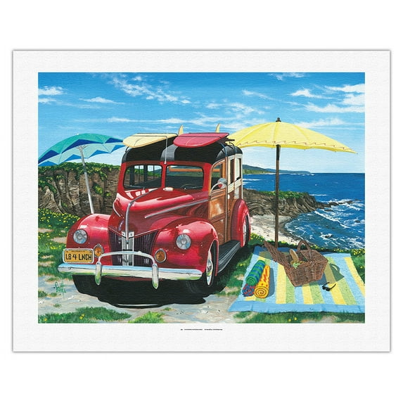 Pacifica Palisades Picnic - Retro Woodie Car with Surfboards - Sunset Beach - From an Original Color Painting by Scott Westmoreland - Fine Art Rolled Canvas Print 20in x 26in
