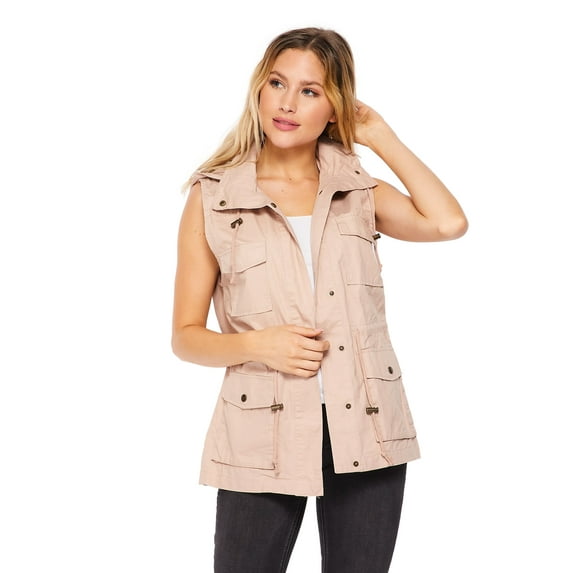 Pacificplex Womens Sleeveless Hooded Cargo Utility Vest, Large, Blush