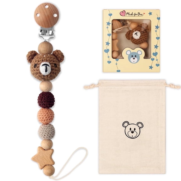 Pacifier Clip, Cute Animal Pacifier Holder Clip for Boys and Girls, Most Pacifiers, Baby Teethers, Baby Shower and Baby Essentials(Bear)