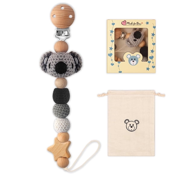 Pacifier Clip, 1 Pack Pacifier Holder Clip for Boys and Girls, Cute Koala Handmade Knitted Pacifier Holder Fits for Most Pacifier, Baby Teethers, Baby Shower and Baby Gift(Koala)
