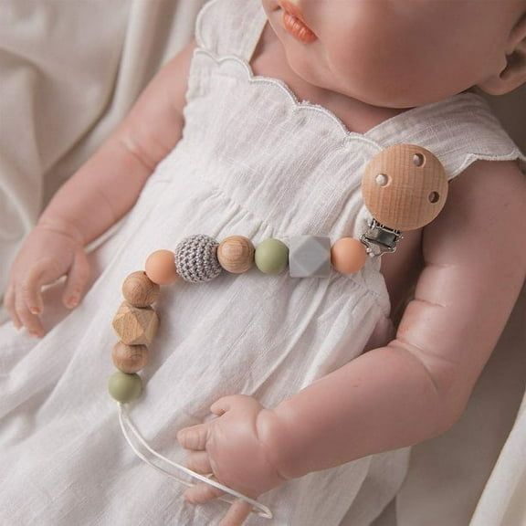 Pacifier Clips Baby Silicone Wood Beads Pacifier Holder Crochet Beads Pacifier Accessories Baby Toys for Babies,Gray