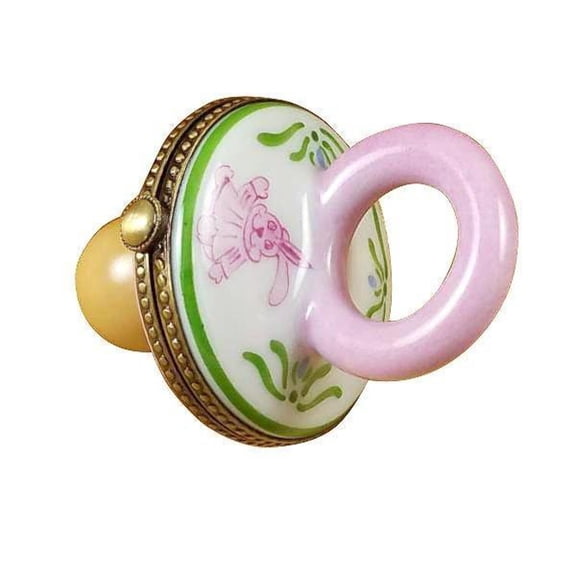 Pink Rabbit Pacifier for Babies Limoges Box Porcelain Figurine