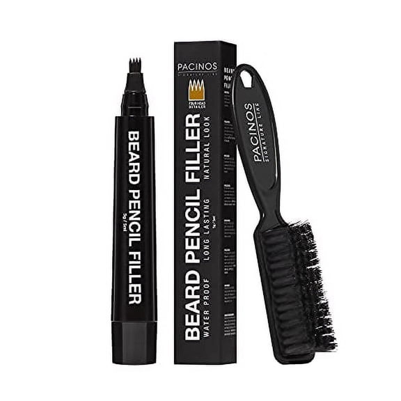 Pacinos Beard Pencil Filler - Water Proof, Long Lasting Coverage & Natural Finish - Beard, Moustache & Eyebrows - Micro-Fork Tip for Seamless Application - Bristle Brush Included(Light Brown