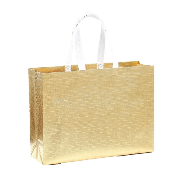 Pack of 05 Luxury Gift Bags, Gold Metallic Shiny Party Bags Reusable Tote Bags Non-Woven Material Laminated Gift Bags Christmas Wedding Birthday Party Supplies Foldable Bridesmaids Bags