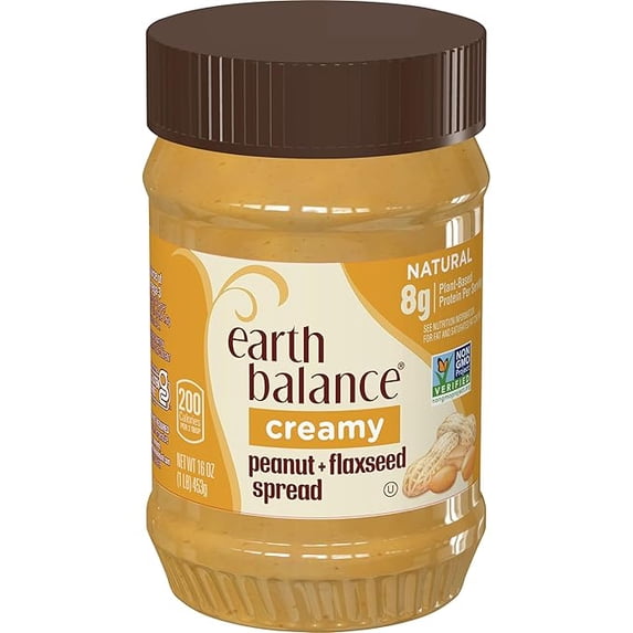 Pack 1 Earth Balance Creamy Peanut Butter and Flaxseed Spread, Vegan and Gluten Free, 16 oz