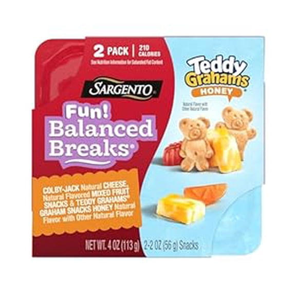 Pack of 1 Fun! Balanced Breaks Colby-Jack Natural Cheese, Natural Flavored Mixed Fruit Snacks & TEDDY GRAHAMS Graham Snacks Honey Natural Flavor with Other Natural Flavor, 2 pack