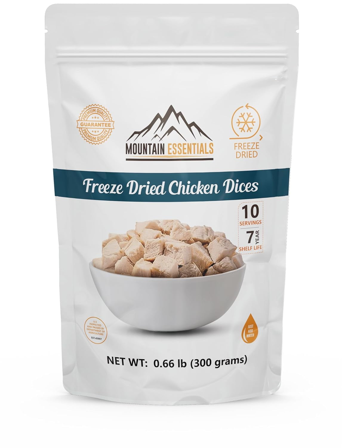 (Pack of 1) MOUNTAIN ESSENTIALS Freeze Dried Chicken Dices | Emergency Survival Bulk Food Storage Home Meals Hunting, Survival, Camping, Backpacking Food | 10 Servings 300g Pouch