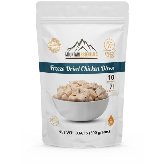 (Pack of 1) MOUNTAIN ESSENTIALS Freeze Dried Chicken Dices | Emergency Survival Bulk Food Storage Home Meals Hunting, Survival, Camping, Backpacking Food | 10 Servings 300g Pouch