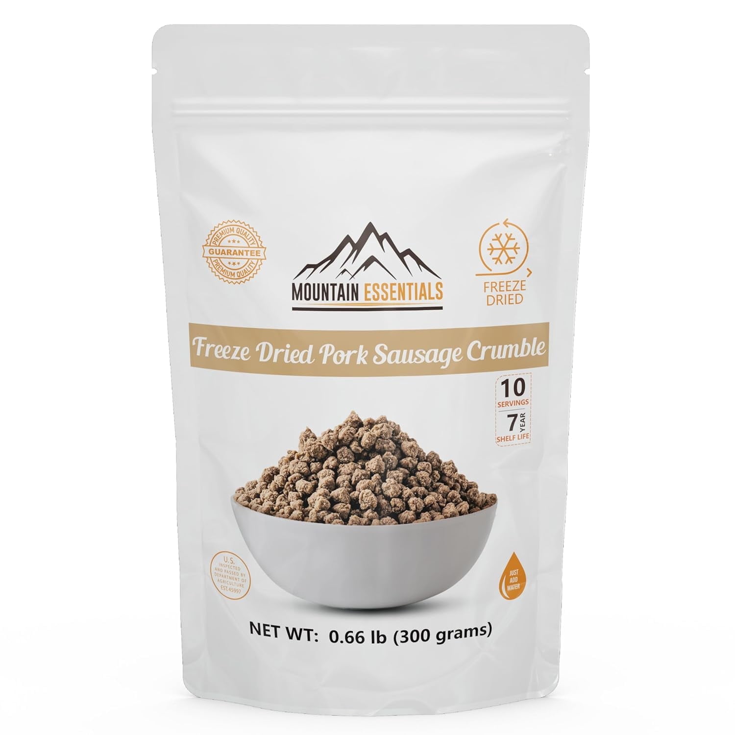 Mountain Essentials Freeze-Dried Pork Sausage Crumble – Fully Cooked, Ready to Eat – 10 Servings – Emergency, Camping, Daily Meals – 7-Year Shelf Life – Made in USA