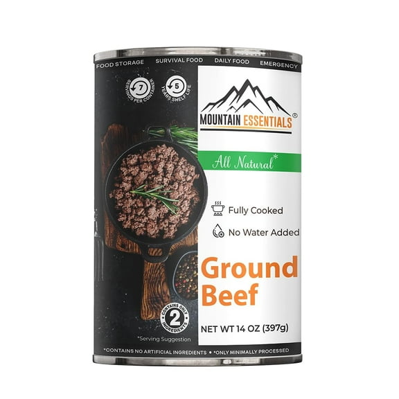 (Pack of 1) MOUNTAIN ESSENTIALS Fully Cooked Ready-to-Eat Ground Beef 14 Oz All Natural, No Water Added, Recipe Ready Perfect for Quick Meals, Emergency Food, Daily Survival, and No Preservatives