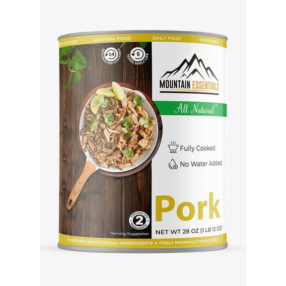Mountain Essentials Canned Pork 28 oz – Fully Cooked, Ready to Eat Meat for Everyday Meals, Emergency Survival Food – 5-Year Shelf Life – Made in USA – pack of 1
