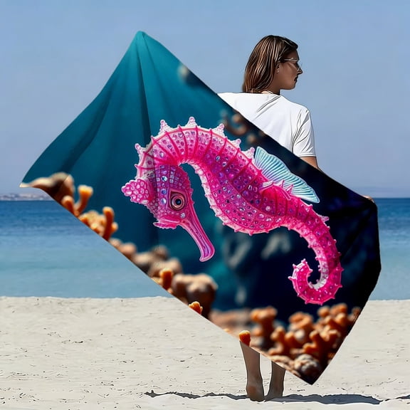 Pack of 1, Magic Seahorse Theme Extra Large Soft Beach Towel, Glamorous Reef Print, Perfect for Beach Vacations, Pool Parties and Summer Picnics, Perfect for Beach Lovers and Summer Gifts