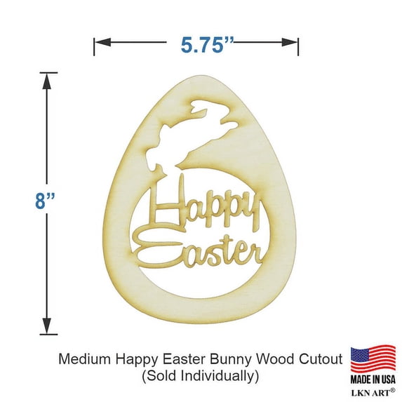Pack of 1, Medium 5.75" x 8" x 1/8" Baltic Birch Plywood Happy Easter Bunny Wood Cutout for Wood Craft Project, Children or Adult Art Work, Home and Holiday Décor and DIY Fun, Made in USA