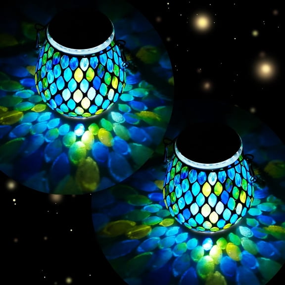 Pack of 1 Mosaic Blue Solar Lanterns, Outdoor Glass Hanging Lights, Waterproof, Solar Table Lamps, Christmas Gifts for Women, Night Lights, Decoration for Garden, Patio, Yard, Party, Outdoor Decor