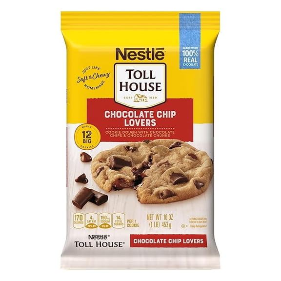 Pack of 1 Nestle Toll House Chocolate Chip and Chocolate Chunk Cookie Dough with 100% Real Chocolate Chips  12 Big Ready to Bake Chocolate Chip Cookies 16 oz