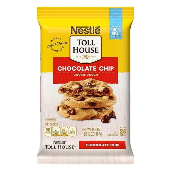 Pack of 1 Nestle Toll House Chocolate Chip Cookie Dough with 100% Real Chocolate Chips 2 Dozen Ready To Bake Just Like Homemade Chocolate Chip Cookies 16.5 Oz