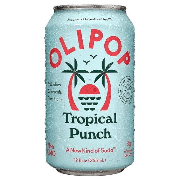 Pack of 1 OLIPOP - Tropical Punch Sparkling Tonic, Healthy Soda, Gut-Friendly Soft Drink, Delicious Prebiotic Soda, Contains 9g of Plant Fiber, Caffeine-Free, Low-Calorie, Low-Sugar, Vegan 12 oz,