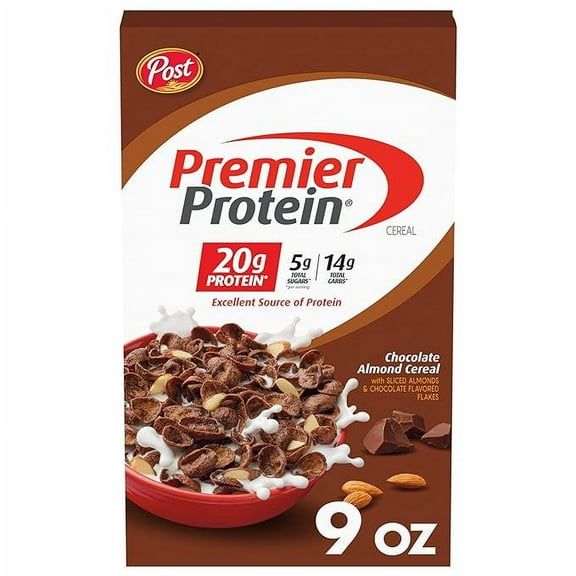 Pack of 1 Post Premier Protein Chocolate Almond Cereal, Chocolatey Protein Cereal Flakes with Sliced Almonds, Contains 20g of Protein Per Serving, 9 OZ Box