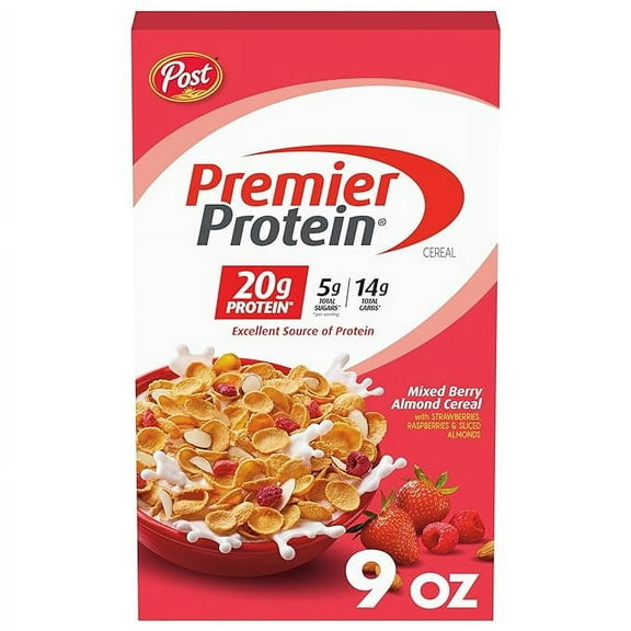 Pack of 1 Post Premier Protein Mixed Berry Almond Cereal, Protein Cereal Flakes Mixed with Dried Berries and Sliced Almonds, Contains 20g of Protein Per Serving, 9 OZ Box