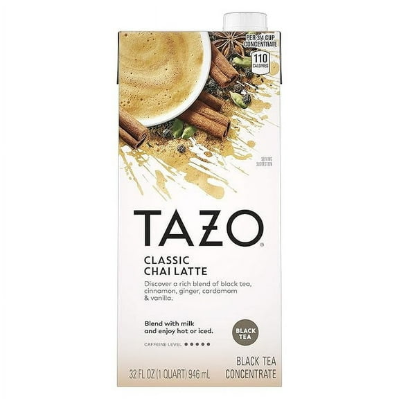 Pack of 1 TAZO Classic Chai Latte, Black Tea Concentrate, Easy-to-Serve Caffeinated Chai Tea for Everyday Lattes, Mocktails and Hot or Iced, 32 oz Carton